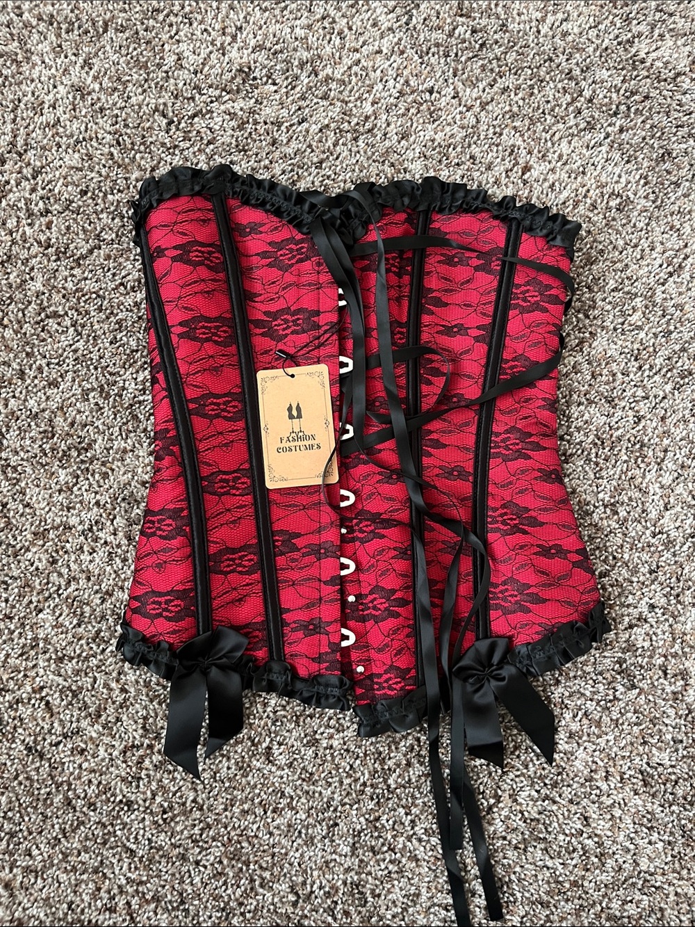 Red Lace Overbust Corset with Black Trim by